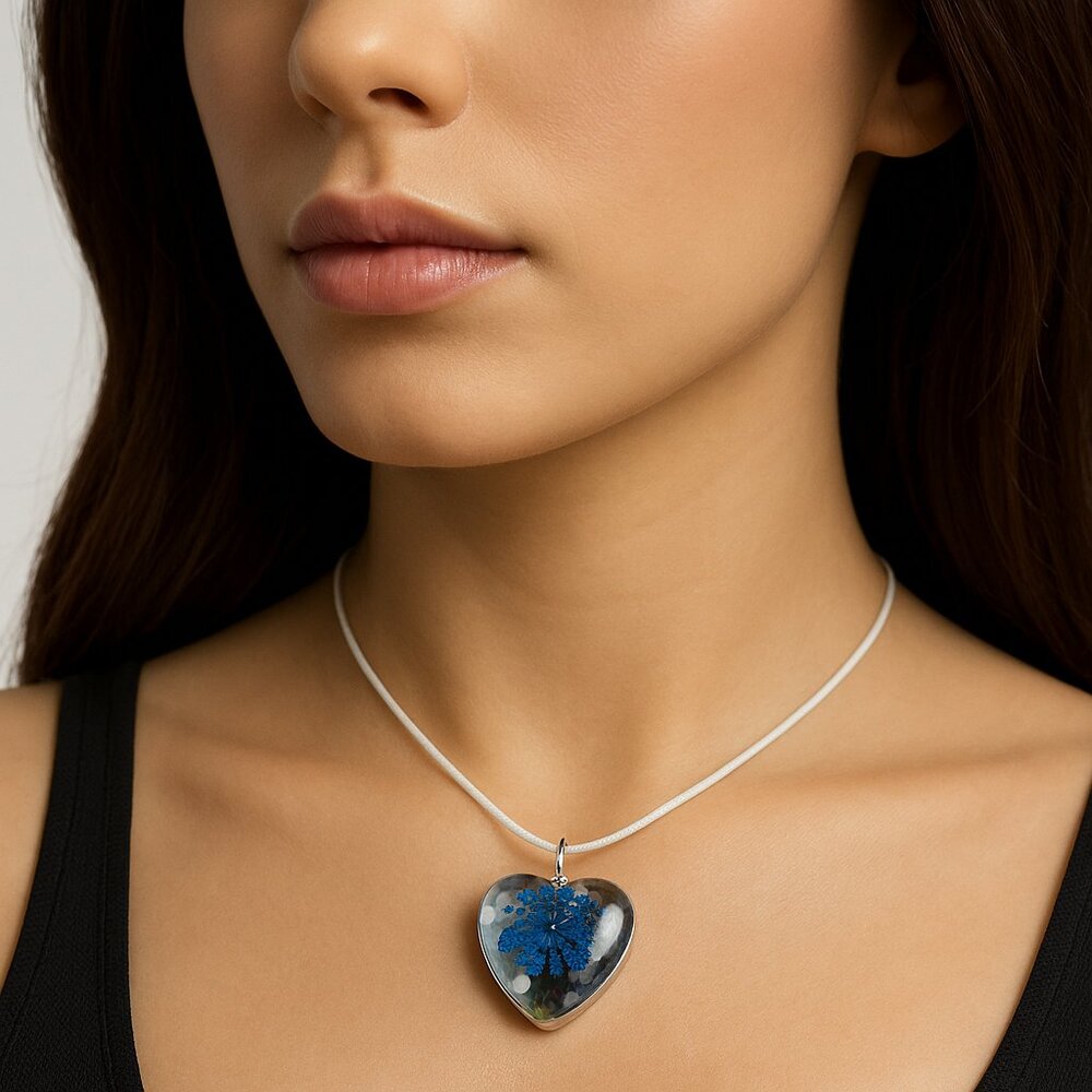 Heart Pendant Necklace Tree Blue Floral Accent 18" Black Cord Fashion Jewelry